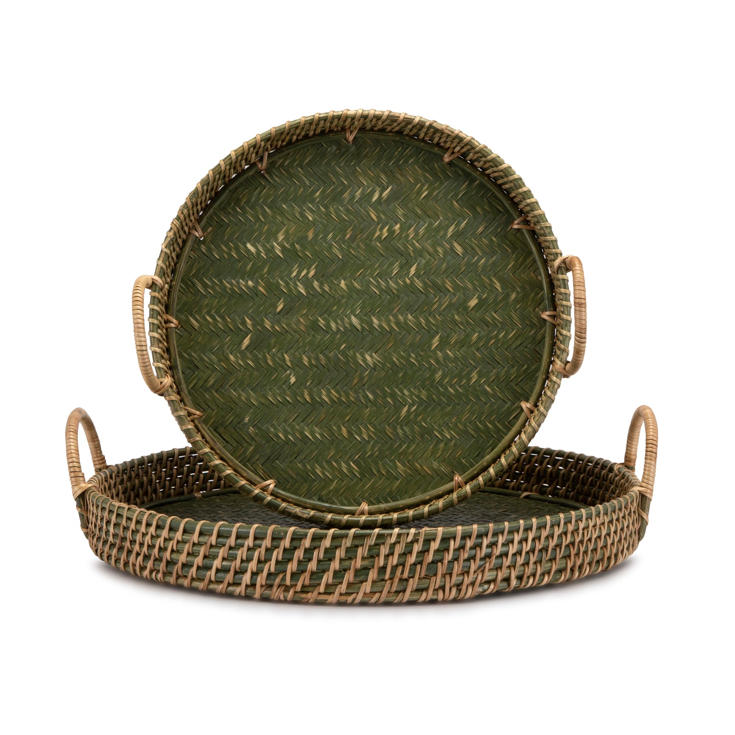 Green Handwoven Round Distressed Tray - Large