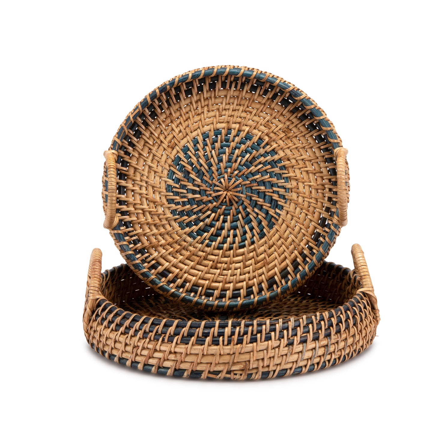 Blue Handwoven Round Spiral Distressed Tray - Large