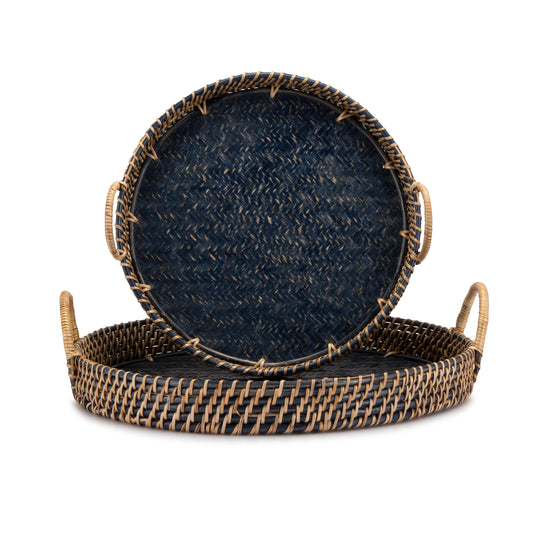 Blue Handwoven Round Distressed Tray - Large