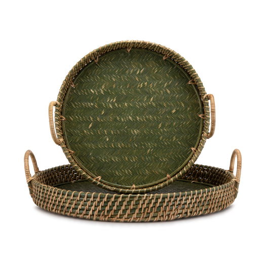 Green Handwoven Round Distressed Tray - Large