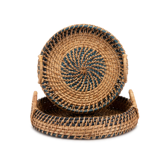 Blue Handwoven Round Spiral Distressed Tray - Small