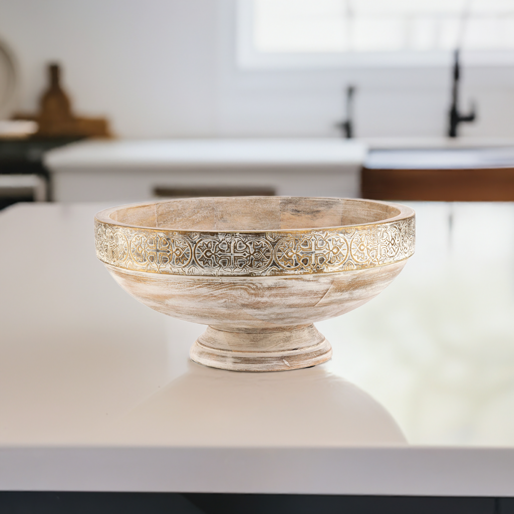 Fruit Bowl- White mango wood with an engraved metal finish