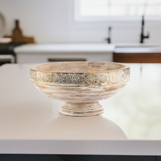 Fruit Bowl- White mango wood with an engraved metal finish